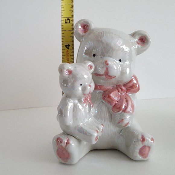 Baby Shower Nursery Decor Pink and White Opalescent Ceramic Teddy Bear - Picture 2 of 3